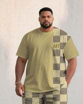 Men's Plus Size Casual Khaki Texture Checkerboard Fabric Color-matching Short-sleeved T-shirt Shorts Suit